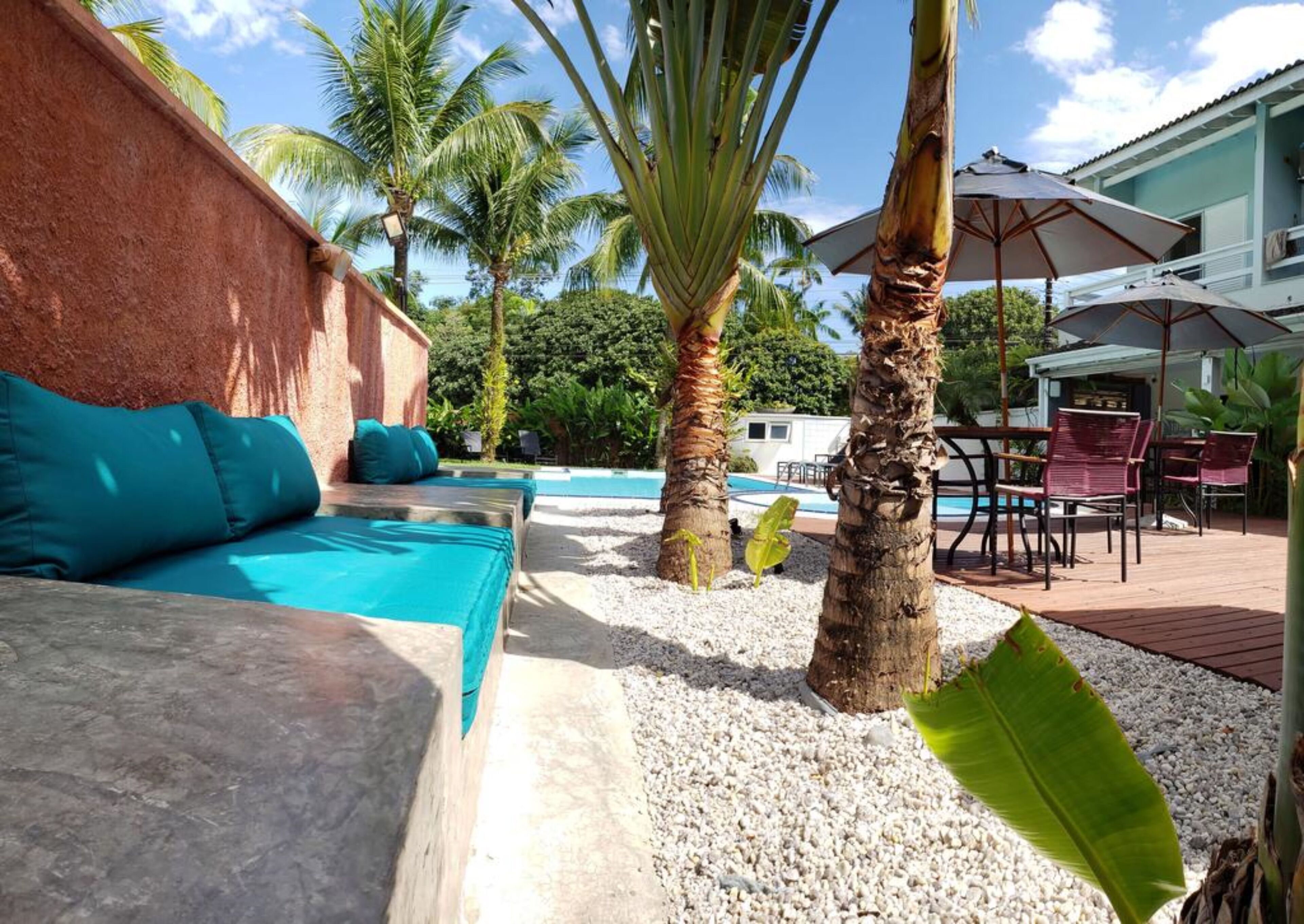 A poolside area with a seating area, palm trees, and a pool.