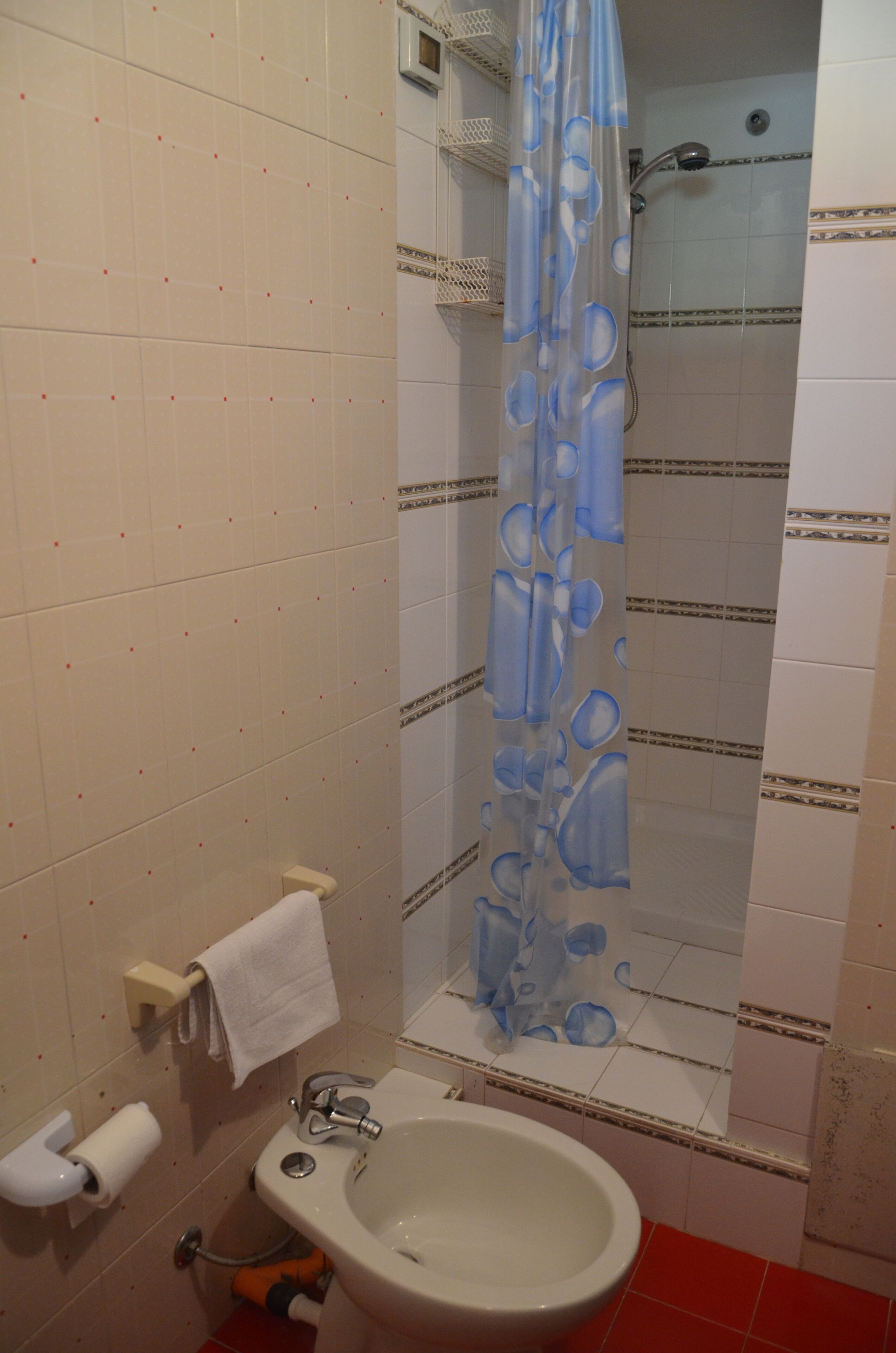 A bathroom with a shower, a sink, and a toilet.