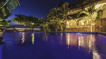 Outdoor pool, pool umbrellas, pool loungers