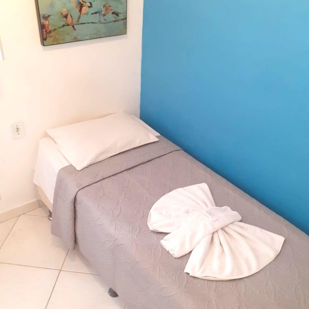 A single bed with a grey bedspread and white pillows, a painting of birds on the wall, and a blue accent wall.