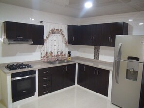 Fridge, microwave, oven, stovetop