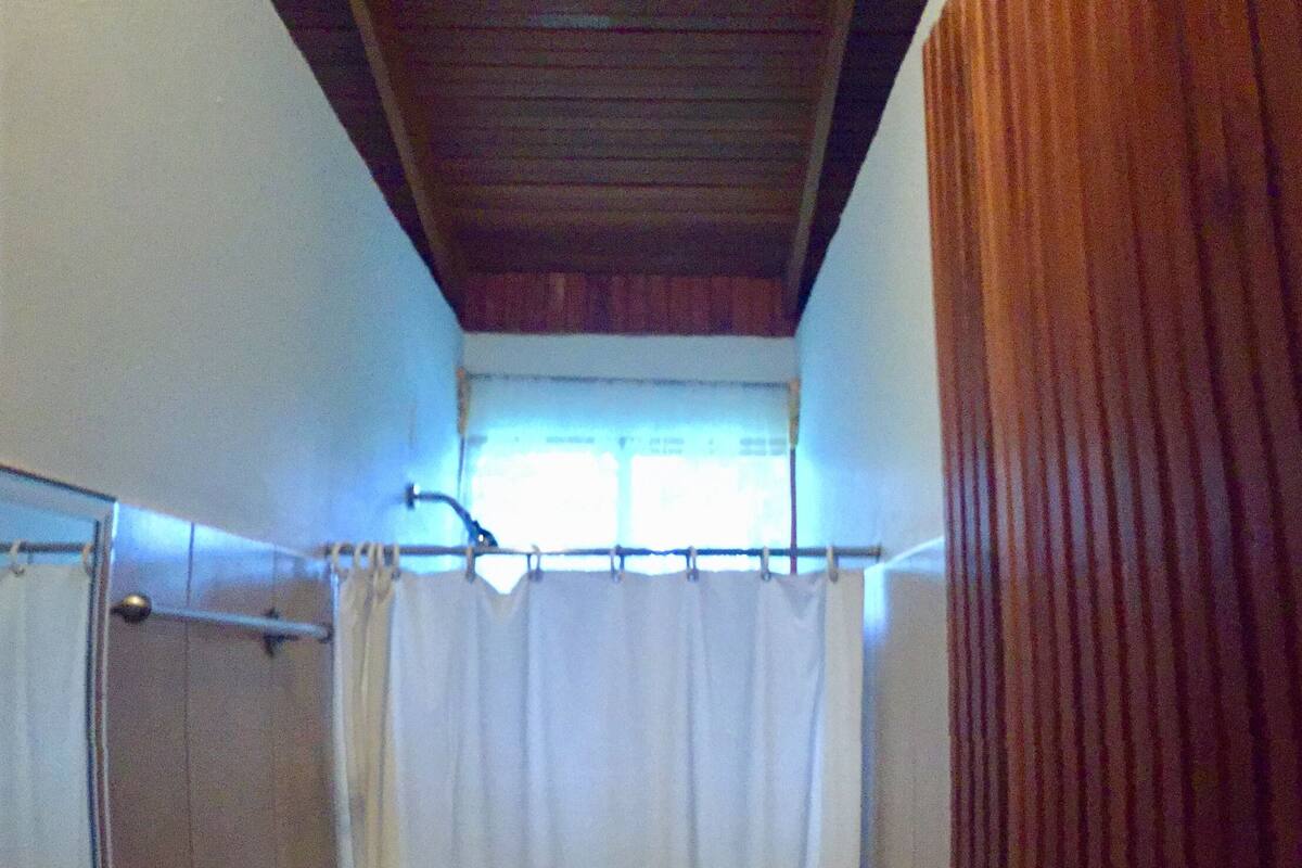A small bathroom with a toilet, sink, and shower curtain.