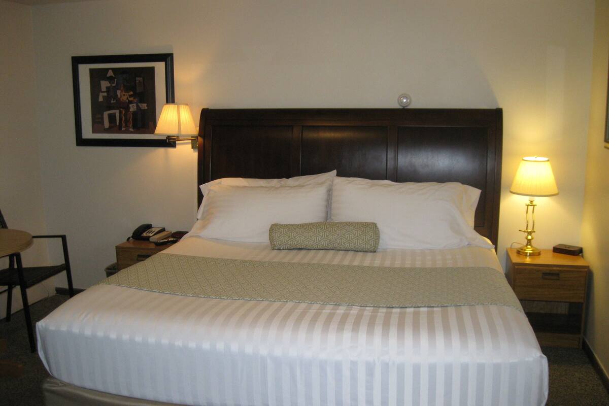 A neatly made bed with a headboard, a bedside lamp, a framed picture on the wall, and a chair.