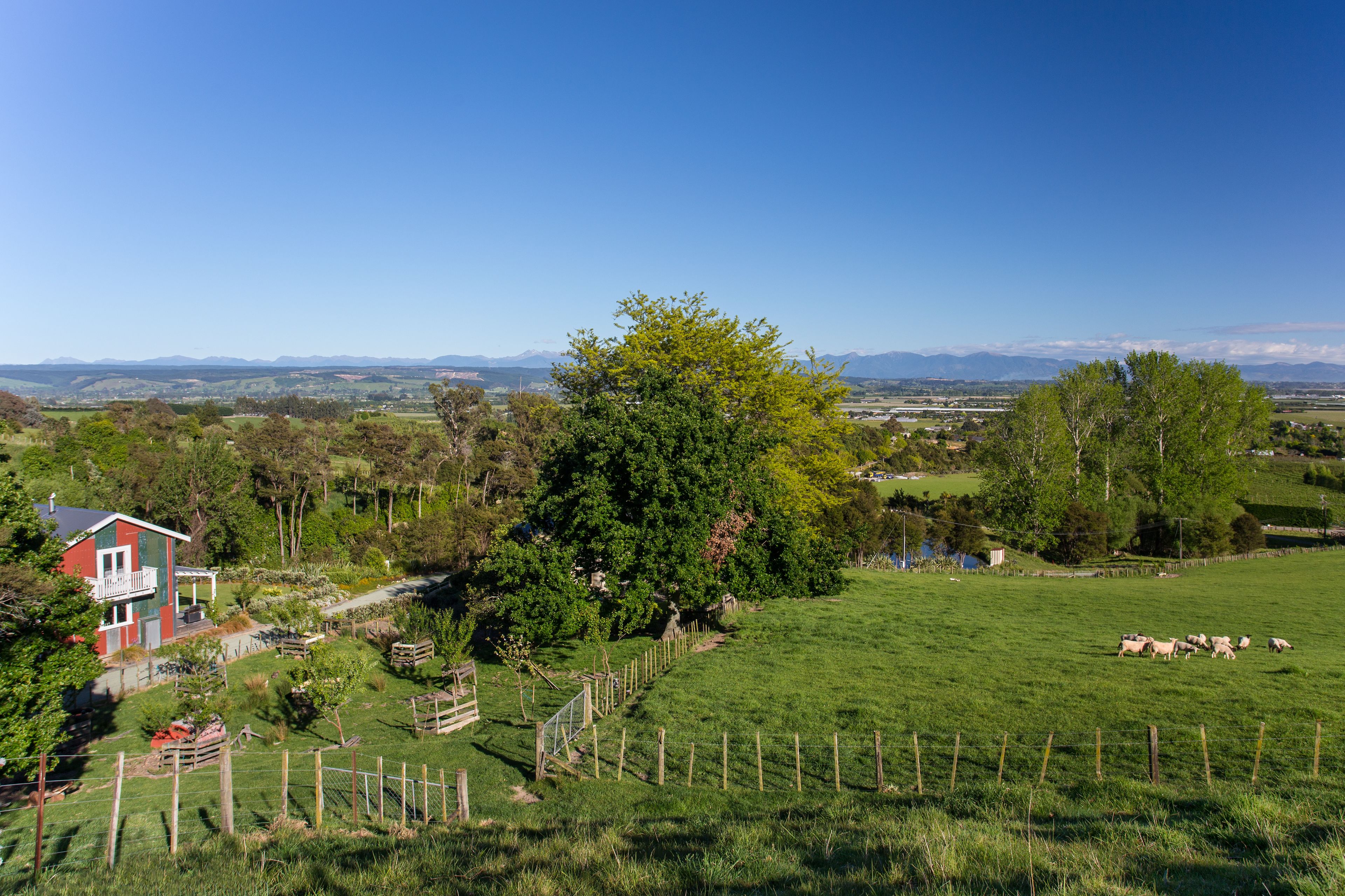 A rural landscape with a house, a fenced field, and distant mountains.