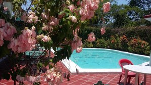 A swimming pool with a red tiled deck, surrounded by pink flowers and greenery. - Hotel Balcon Gueela (Santa María Huatulco)