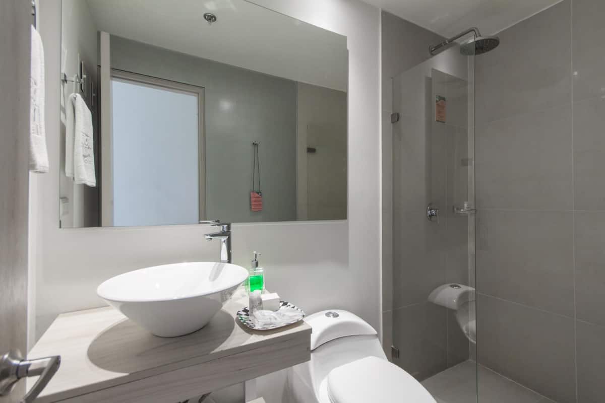 shower, rainfall showerhead, free toiletries, hair dryer