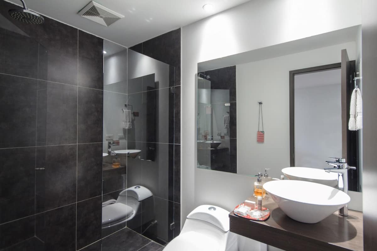 shower, rainfall showerhead, free toiletries, hair dryer