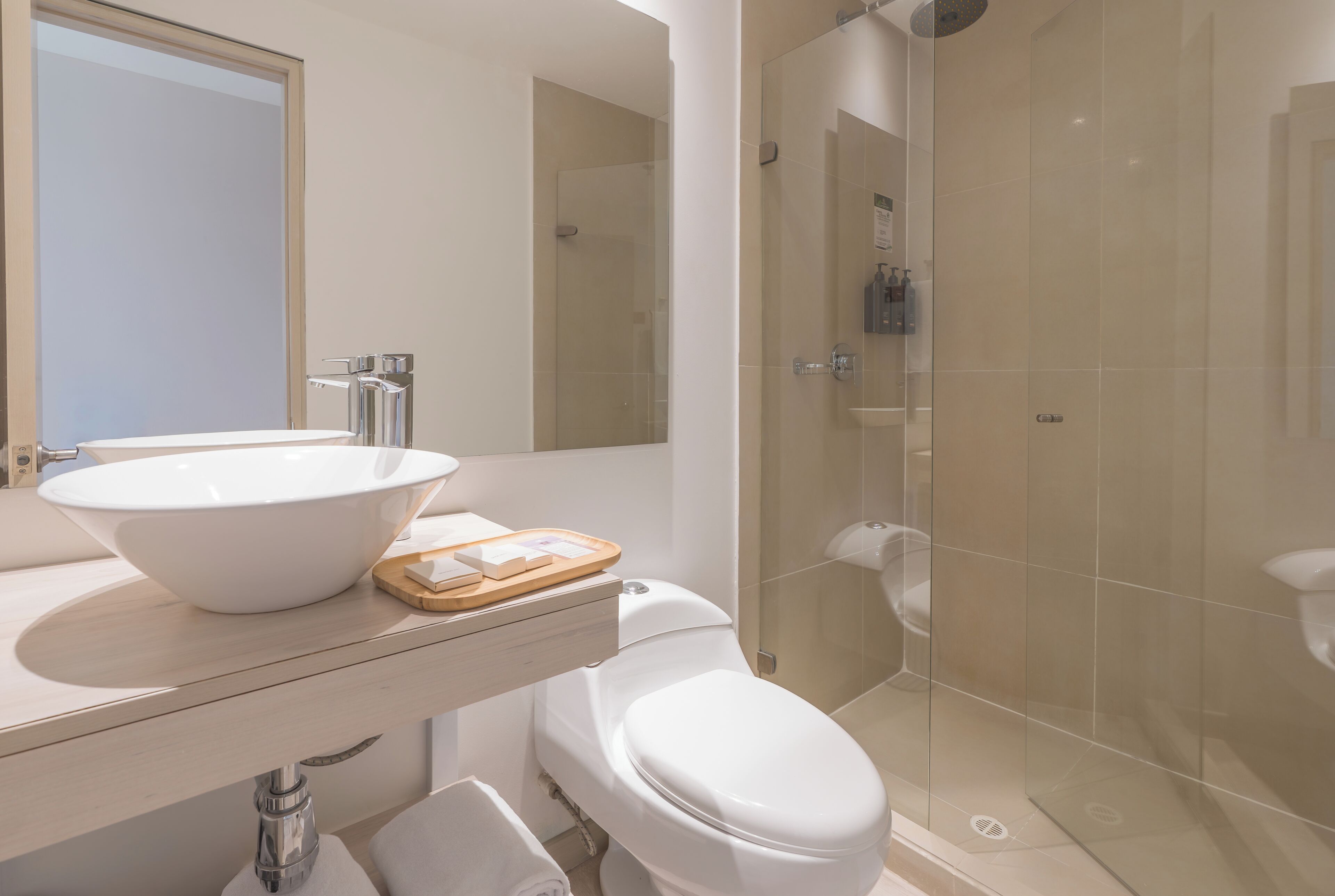 A modern bathroom with a large white sink, a toilet, and a glass-enclosed shower.