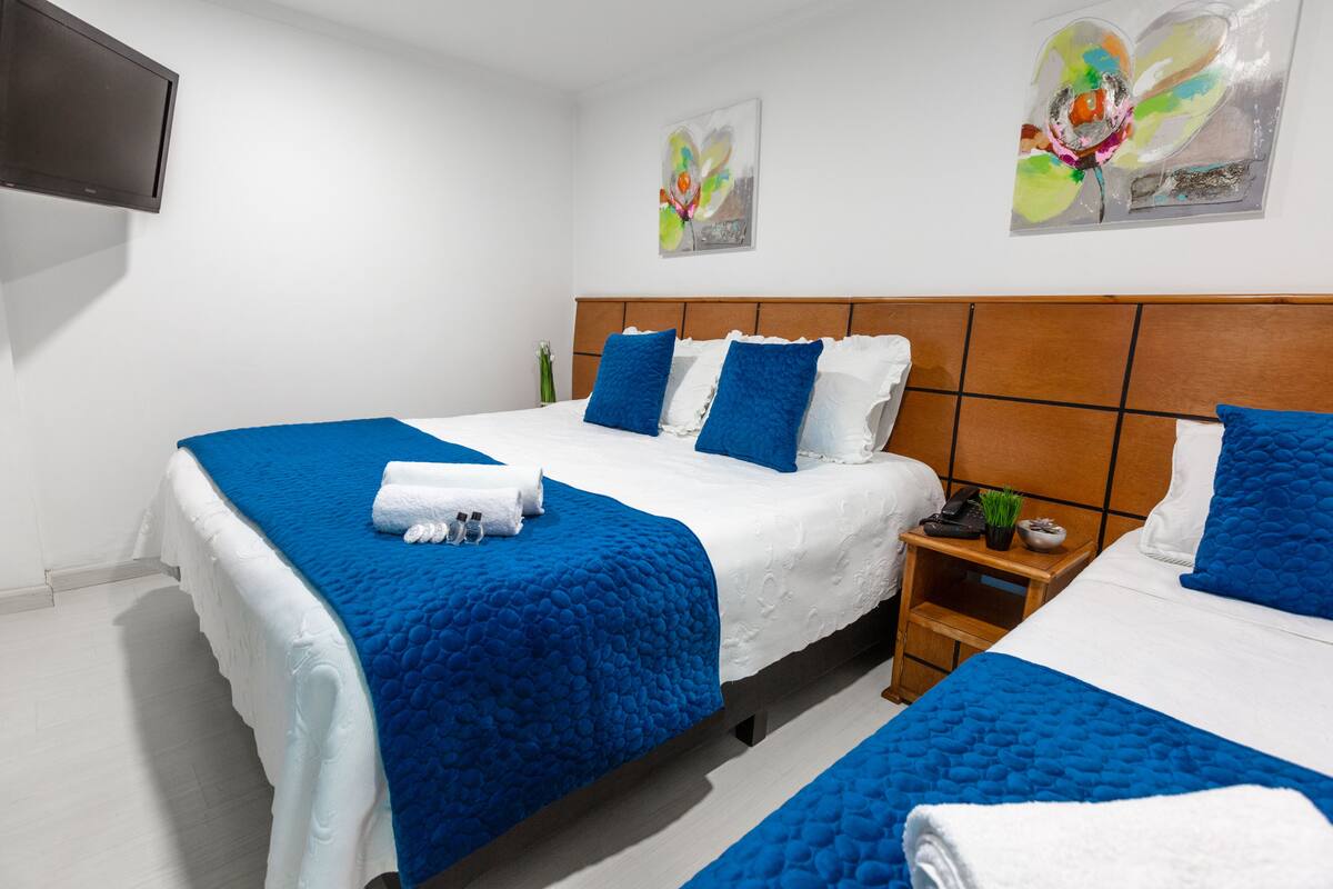 Habitación de hotel con dos camas, cada una con ropa de cama azul y blanca, un cabecero de madera, una mesita de noche con una planta y un televisor montado en la pared.
