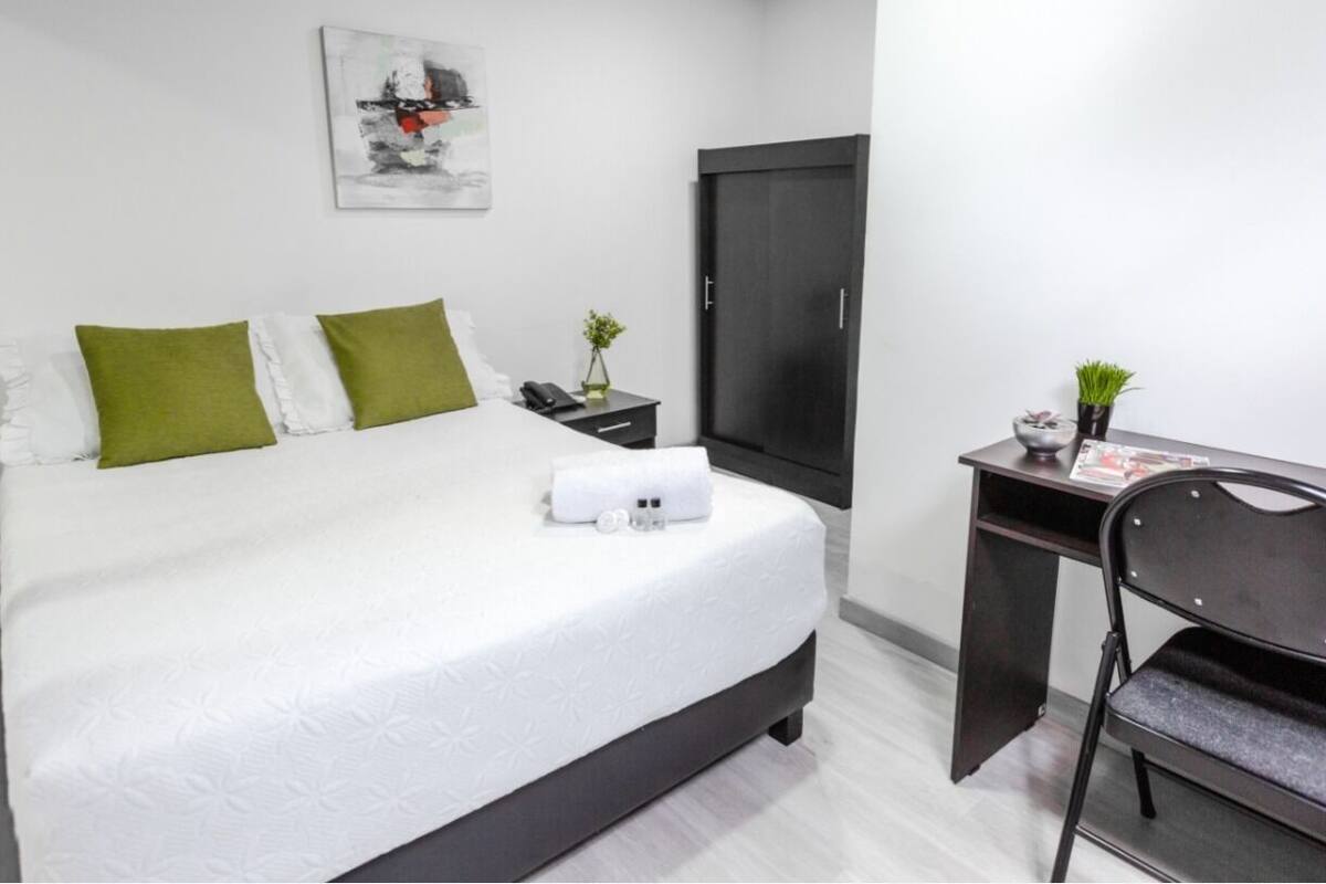 Una habitación de hotel moderna con una cama grande, un escritorio, un armario y una planta pequeña.