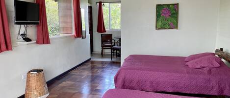 Une chambre avec deux lits, une télévision, un ventilateur et un tableau.
