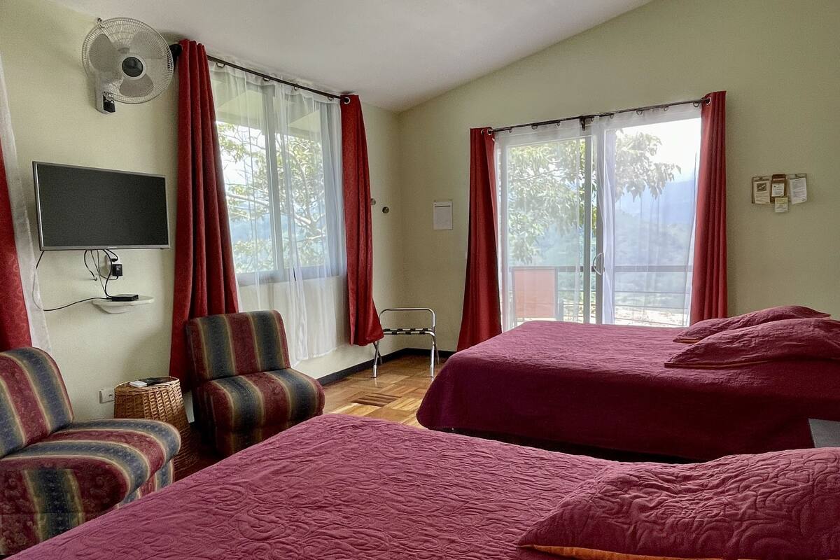 A room with two beds, a TV, and a fan.