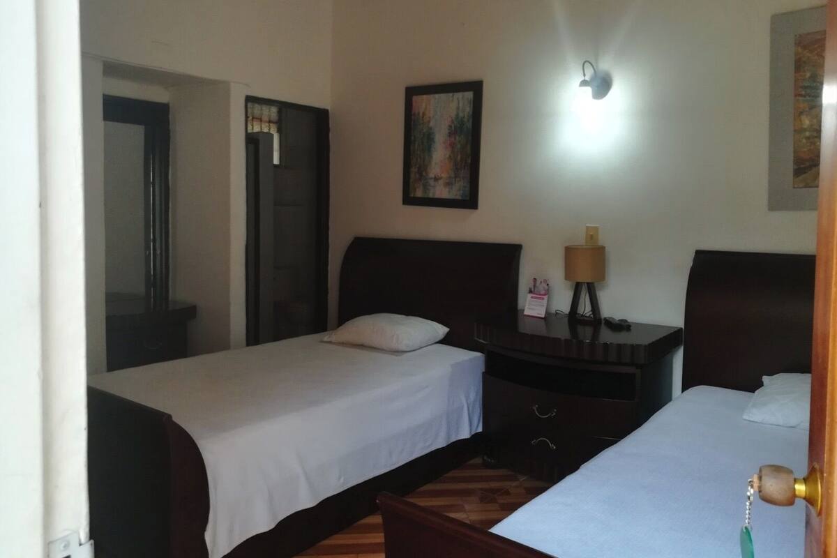Une chambre d’hôtel avec deux lits simples, une table de chevet avec une lampe, un tableau au mur et une porte avec une poignée.