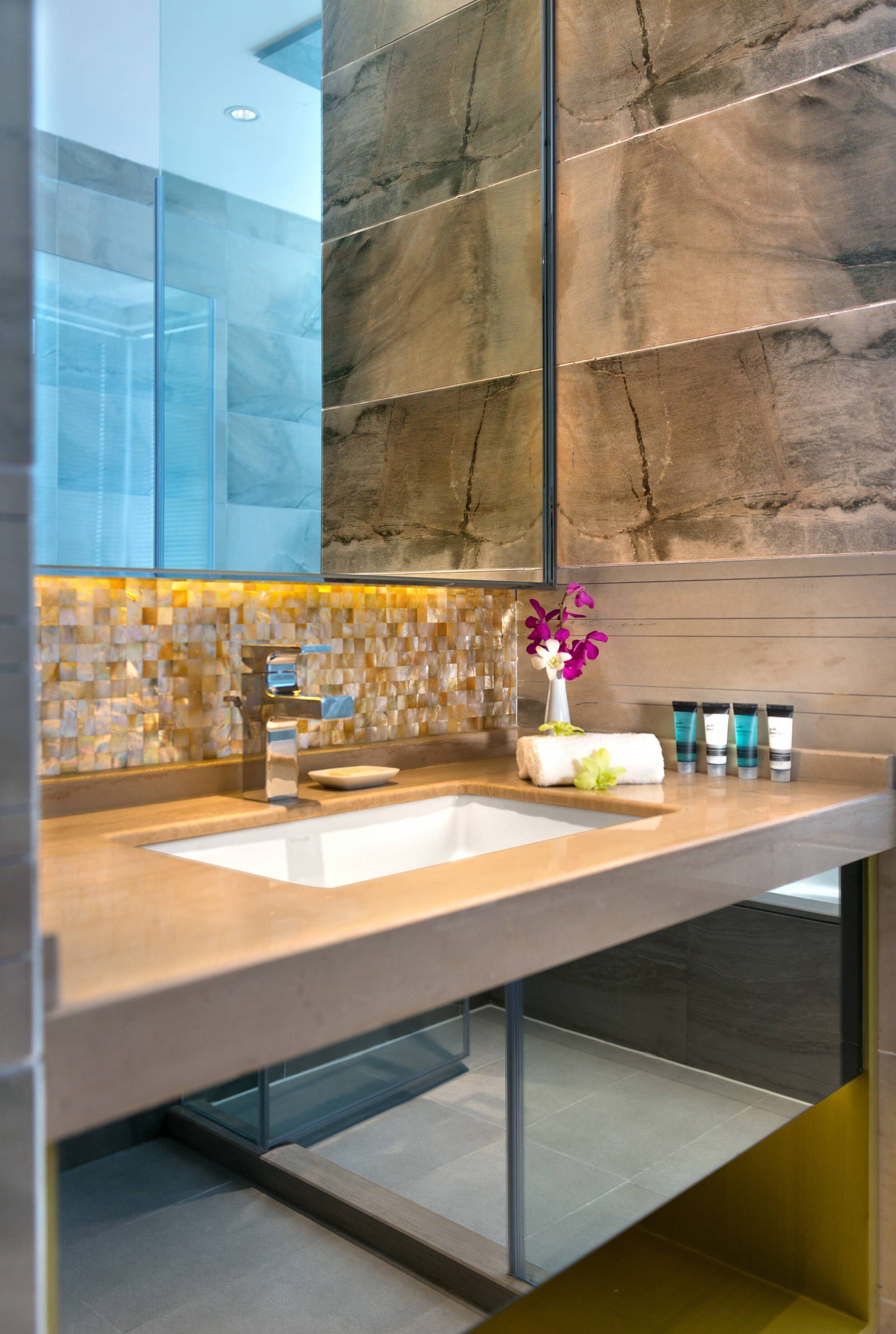 combined shower/bathtub, free toiletries, hair dryer, bathrobes