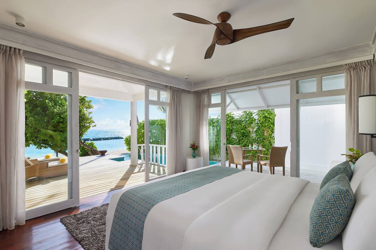 two bedroom duplex beach villa with private pool | premium bedding, down duvets, memory-foam beds, minibar