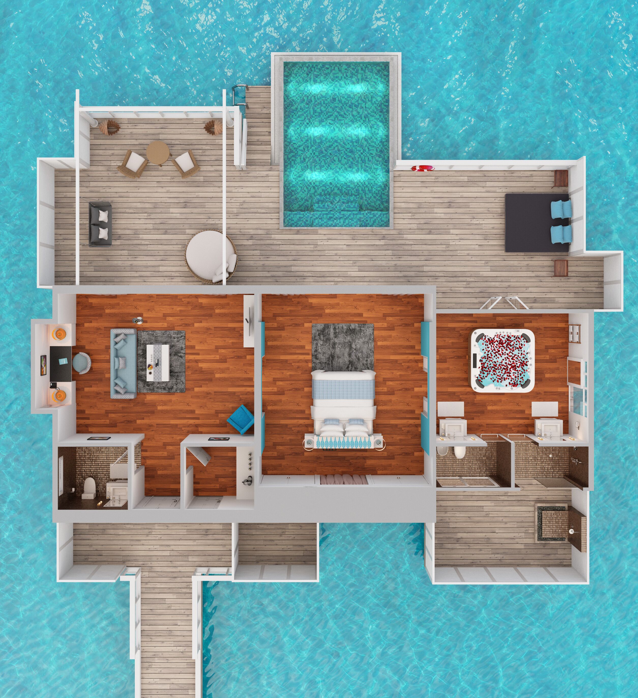 over water suite with private pool | floor plan