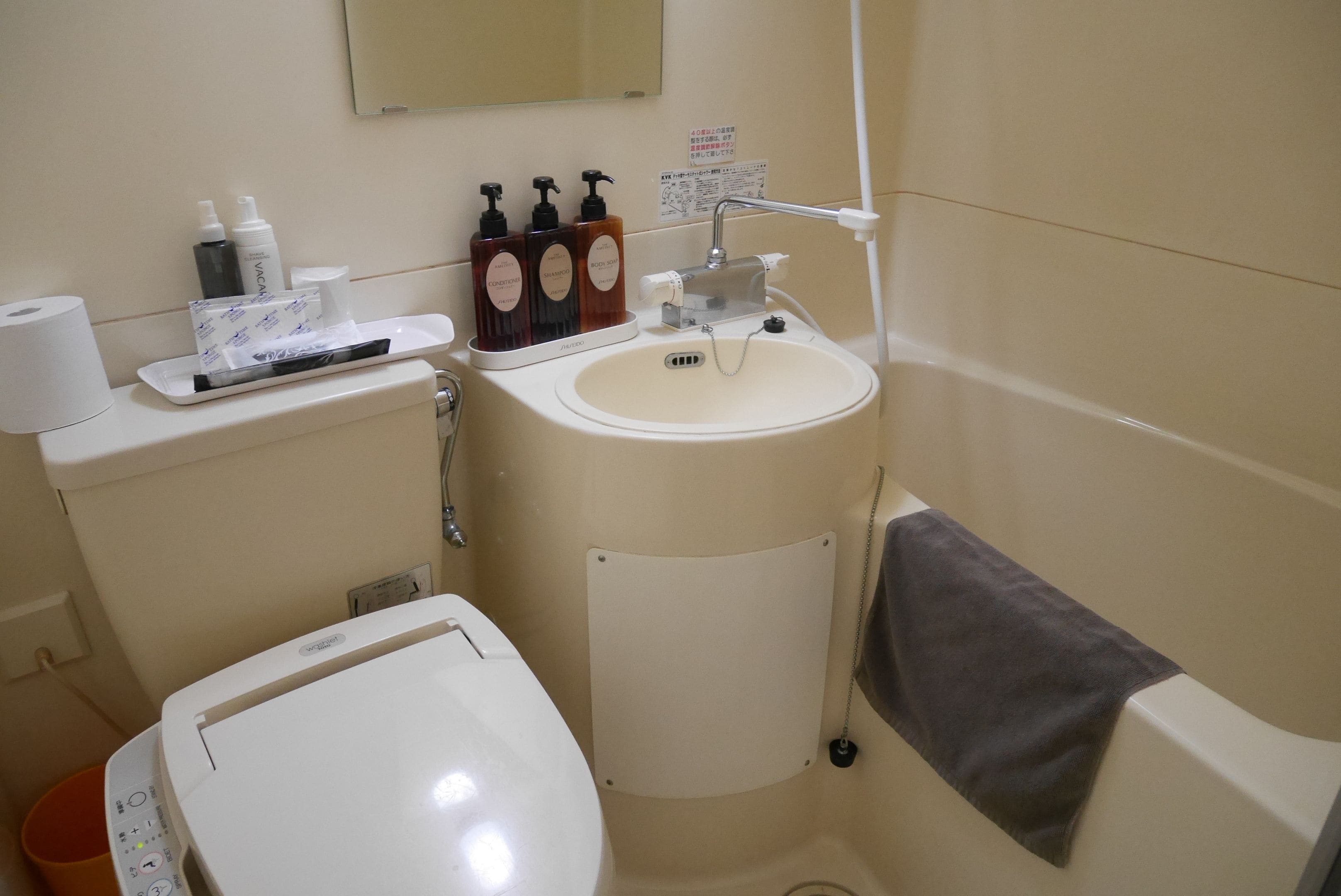 combined shower/bathtub, free toiletries, hair dryer, slippers