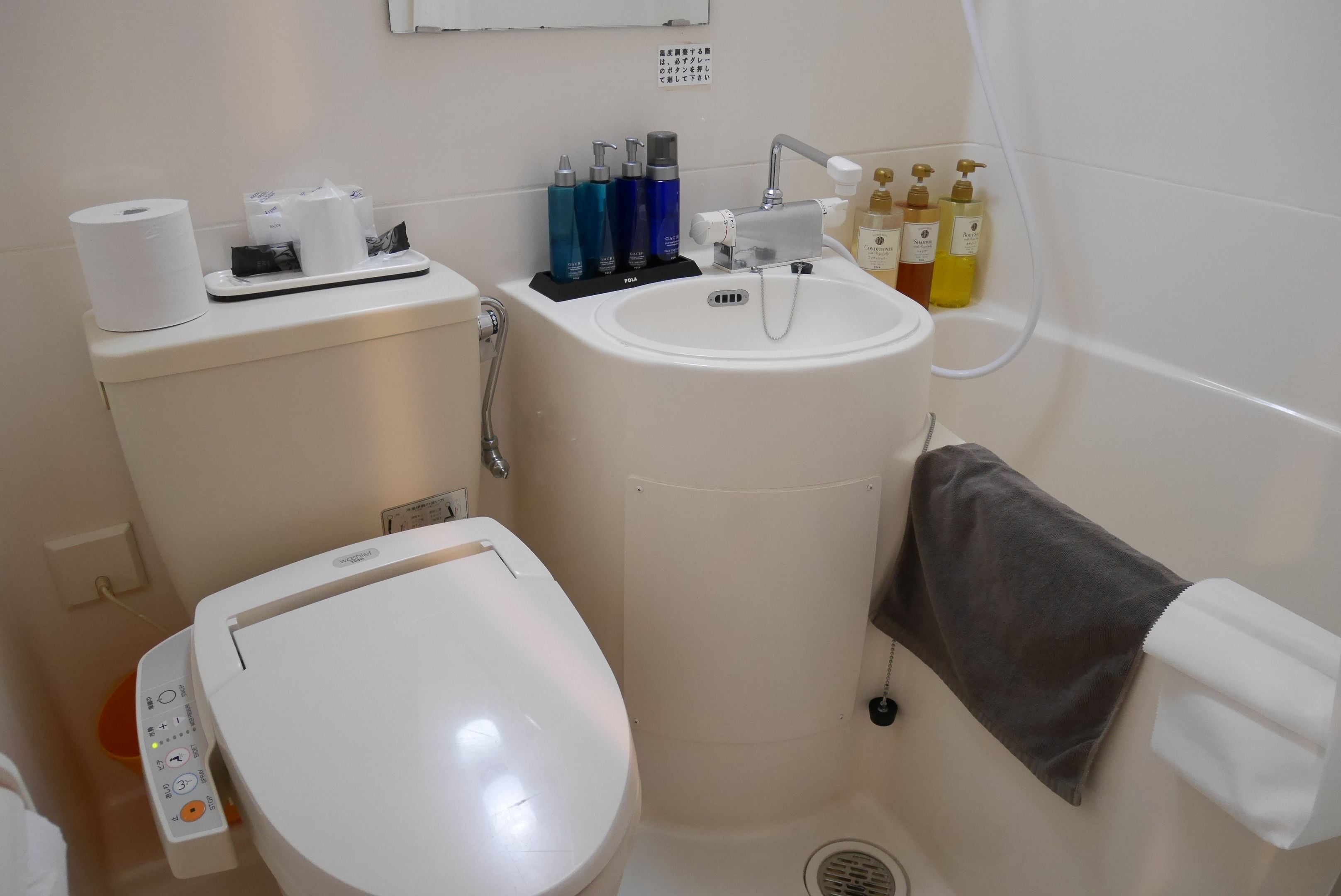 combined shower/bathtub, free toiletries, hair dryer, slippers