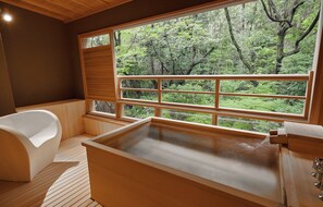 Japanese Western Style Room with Open air bath, Non Smoking | Bathroom | Spring water tub, free toiletries, hair dryer, electronic bidet