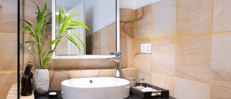 Une salle de bain moderne avec un lavabo rond, un miroir, une plante en pot et un plan de travail noir.
