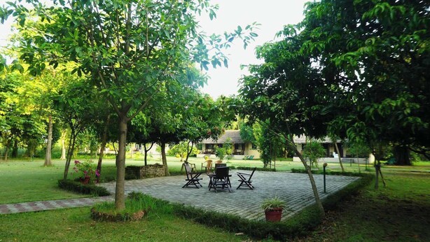 Un patio con un edificio de techo de paja, un área pavimentada con mobiliario exterior y vegetación circundante.