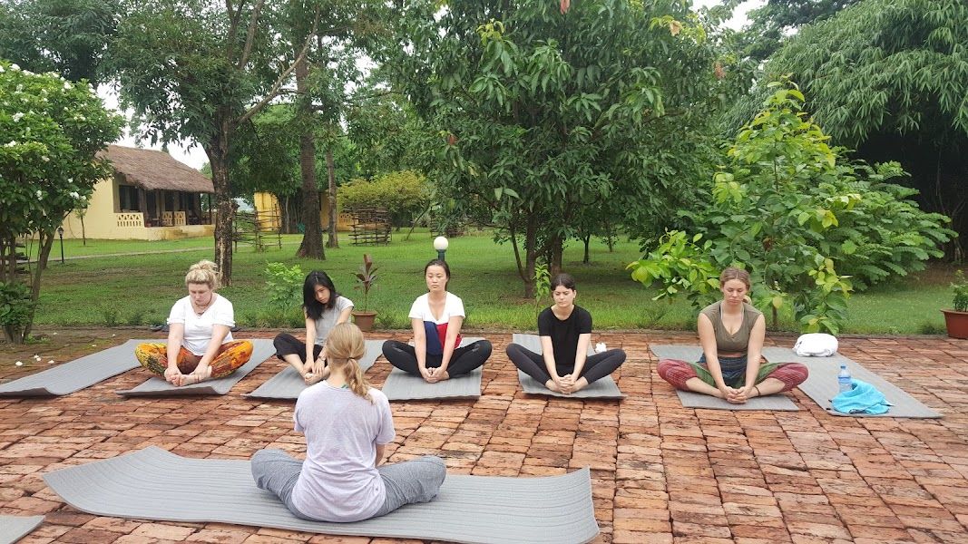 Un grupo de personas sentadas sobre esterillas de yoga al aire libre, rodeadas de vegetación y un sendero de ladrillo.