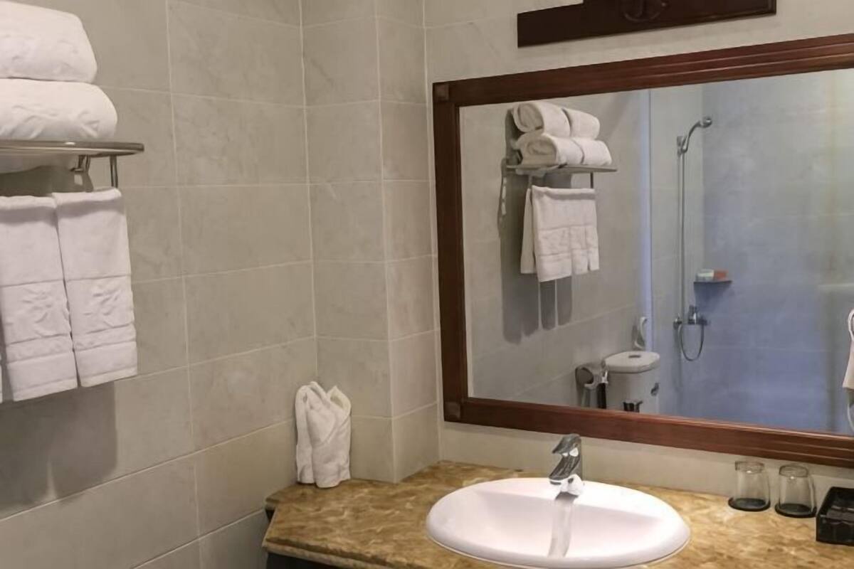 A bathroom with a sink, mirror, and towel rack.