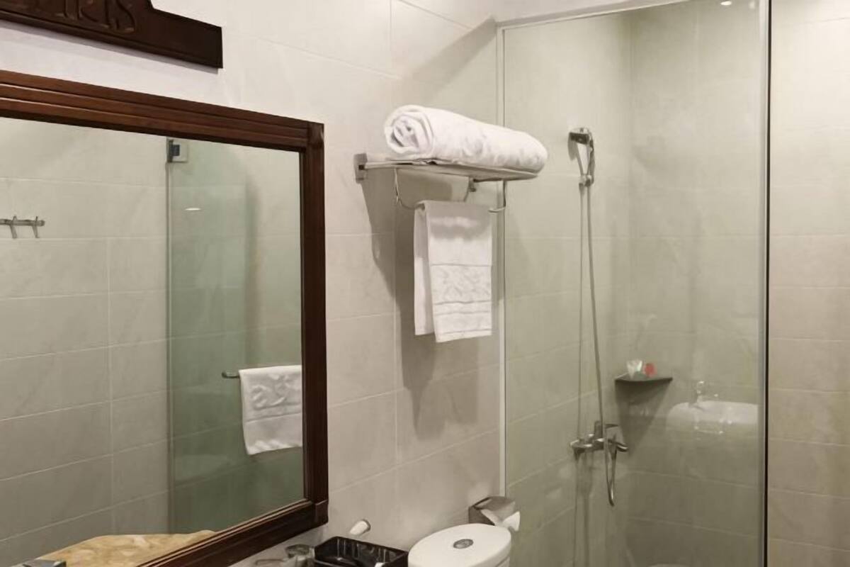 A bathroom with a glass shower enclosure, a toilet, a sink, and a mirror.