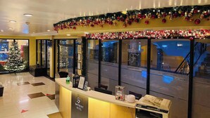 Zona de recepción de un hotel con un árbol de Navidad, un mostrador de recepción y vistas al exterior.