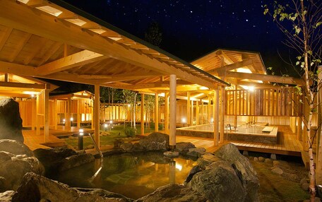 A wooden spa with a hot spring, wooden walkways, and a night sky.