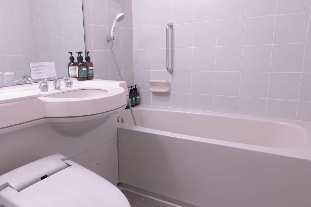 Gratis toiletartikelen, een haardroger, pantoffels, een bidet
