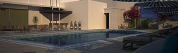 Outdoor pool, pool umbrellas, sun loungers
