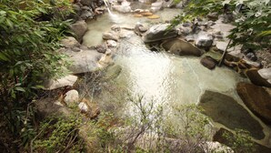 A serene garden with a small stream, surrounded by rocks and greenery. - Hotel Hatta (Fuefuki)
