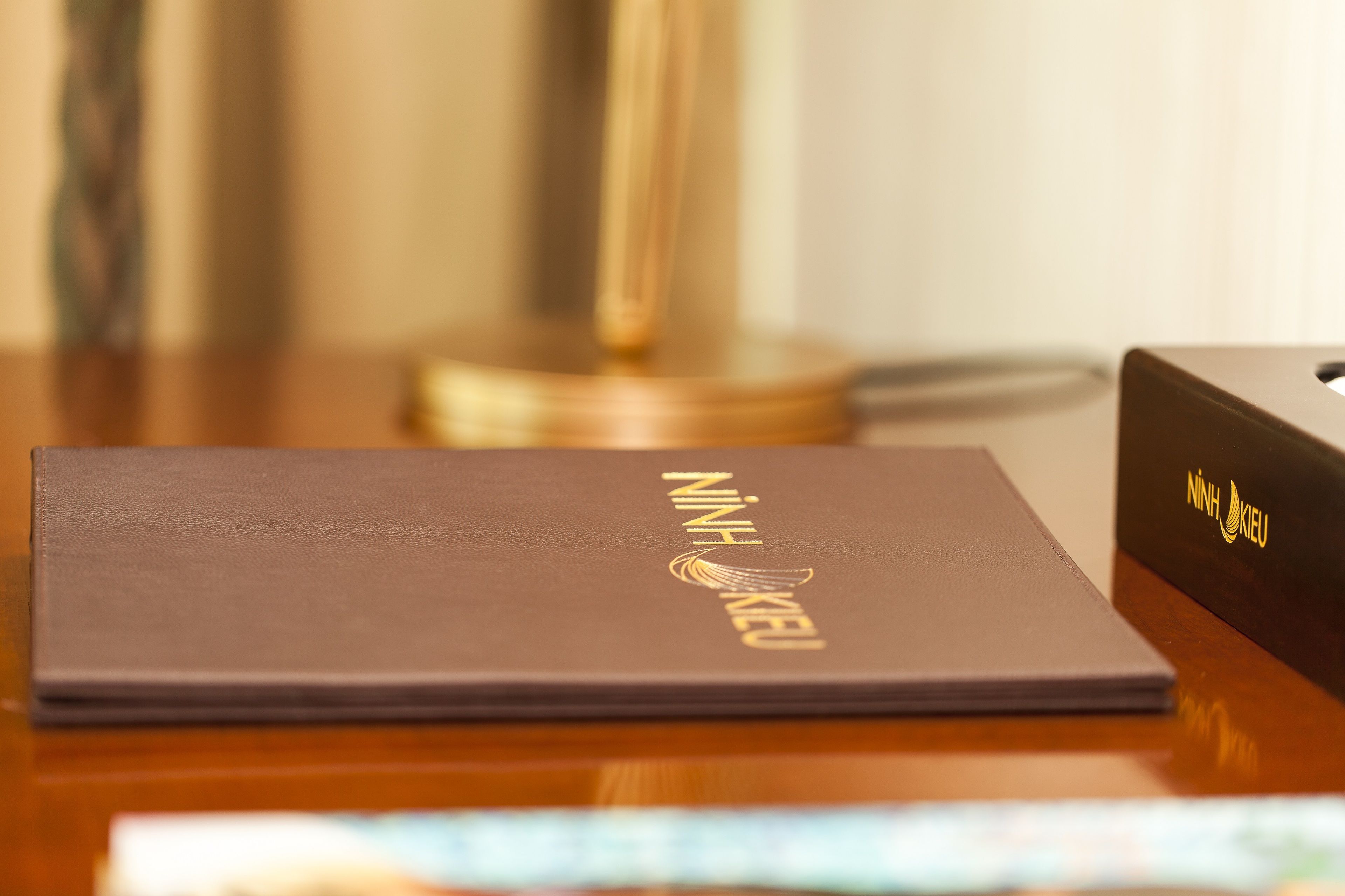 A closed laptop on a wooden surface with a book titled "NINH KIEU" beside it.
