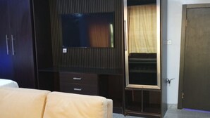 Une pièce avec un canapé, un téléviseur et une armoire.