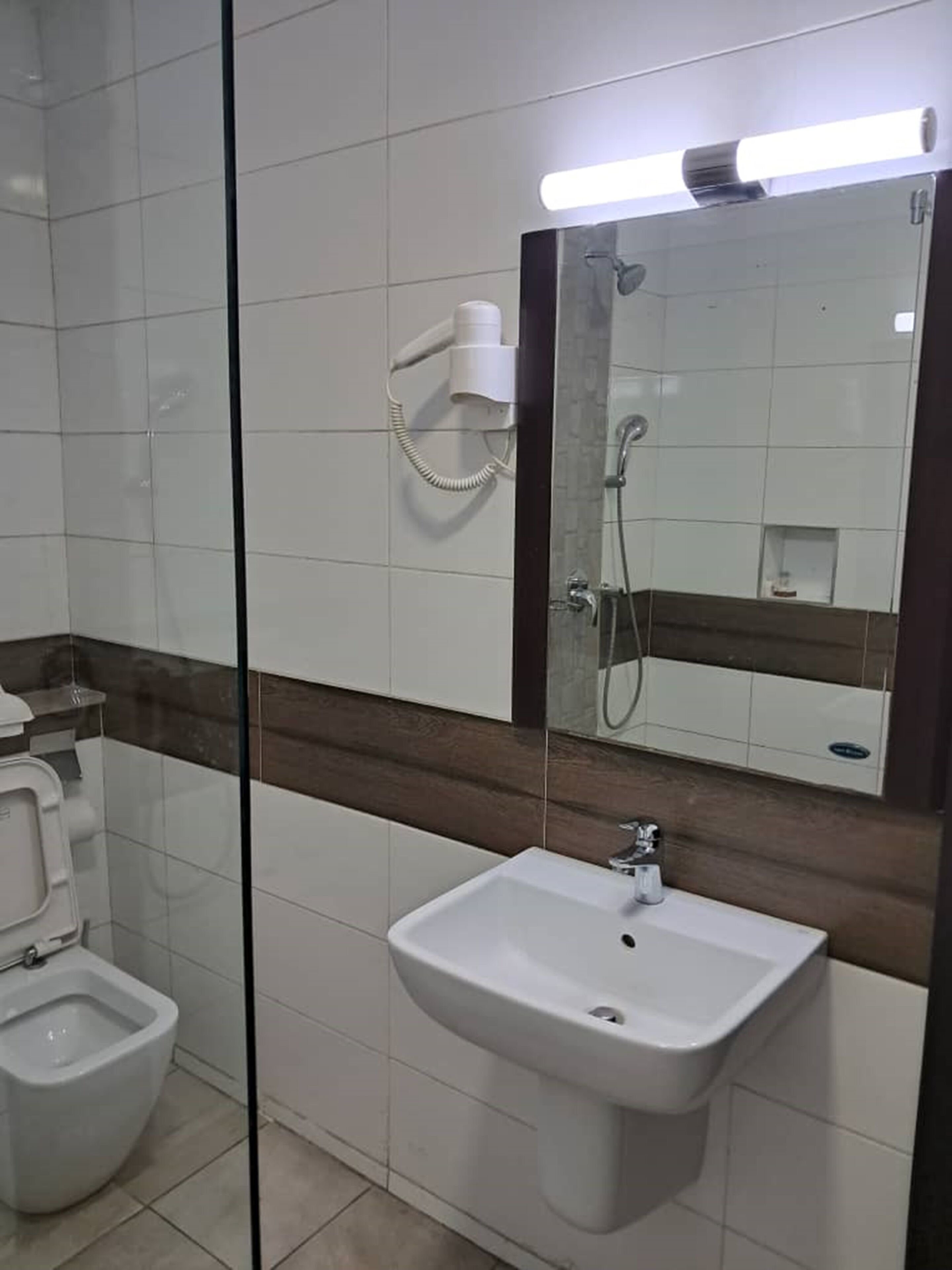 A bathroom with a glass partition, a white sink, a toilet, and a mirror with a light above it.