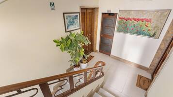 Una escalera con barandilla de madera, una planta en maceta y una puerta con panel de vidrio.