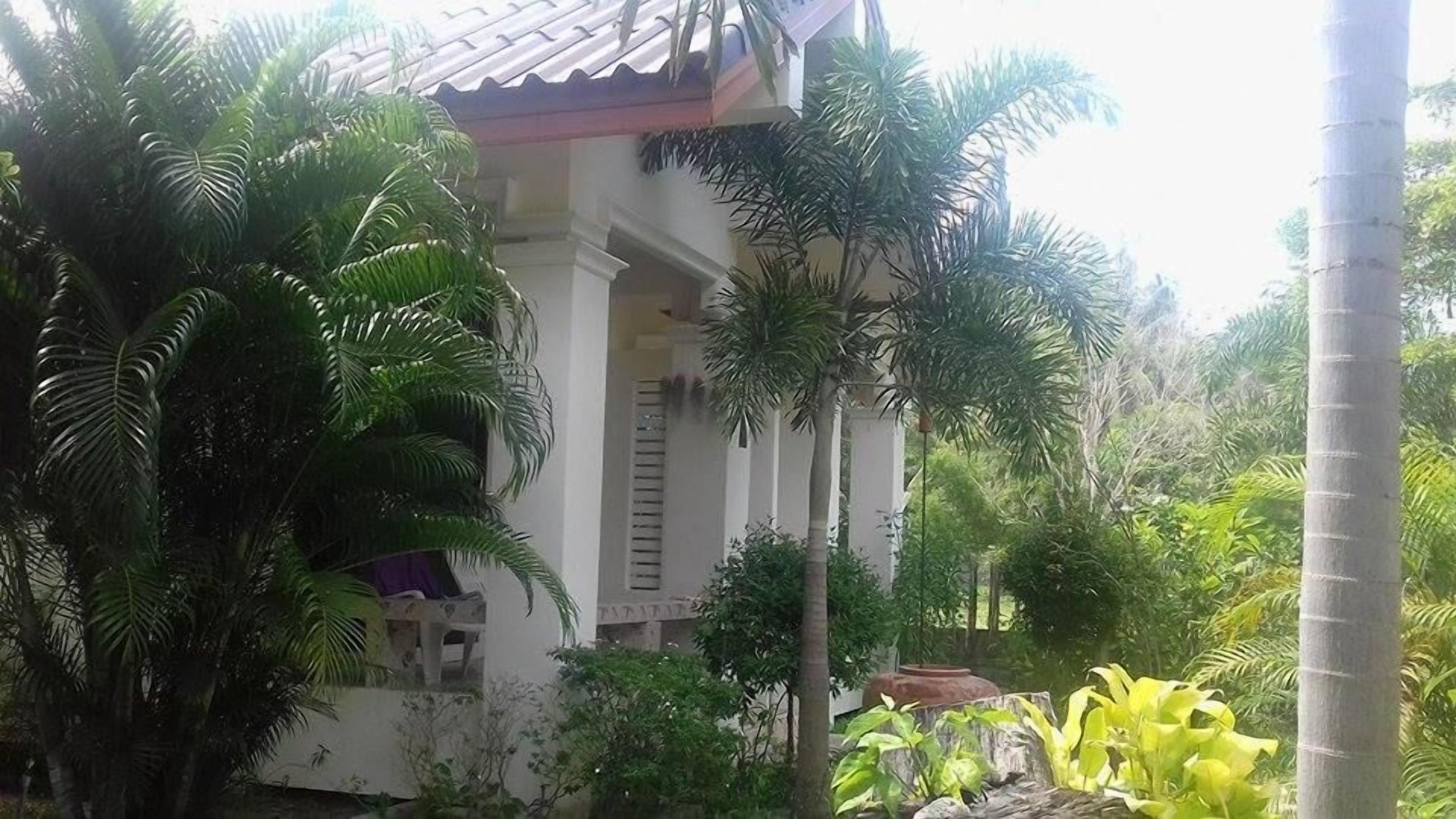 A building with a tiled roof, surrounded by lush greenery including palm trees and other tropical plants.