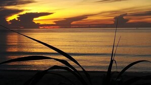 A sunset over a calm sea with silhouettes of plants in the foreground. - Bamboo Resort (Khanom)