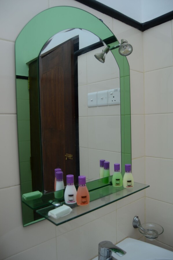 Un baño con un espejo de marco verde, una puerta de madera y un estante con artículos de aseo.