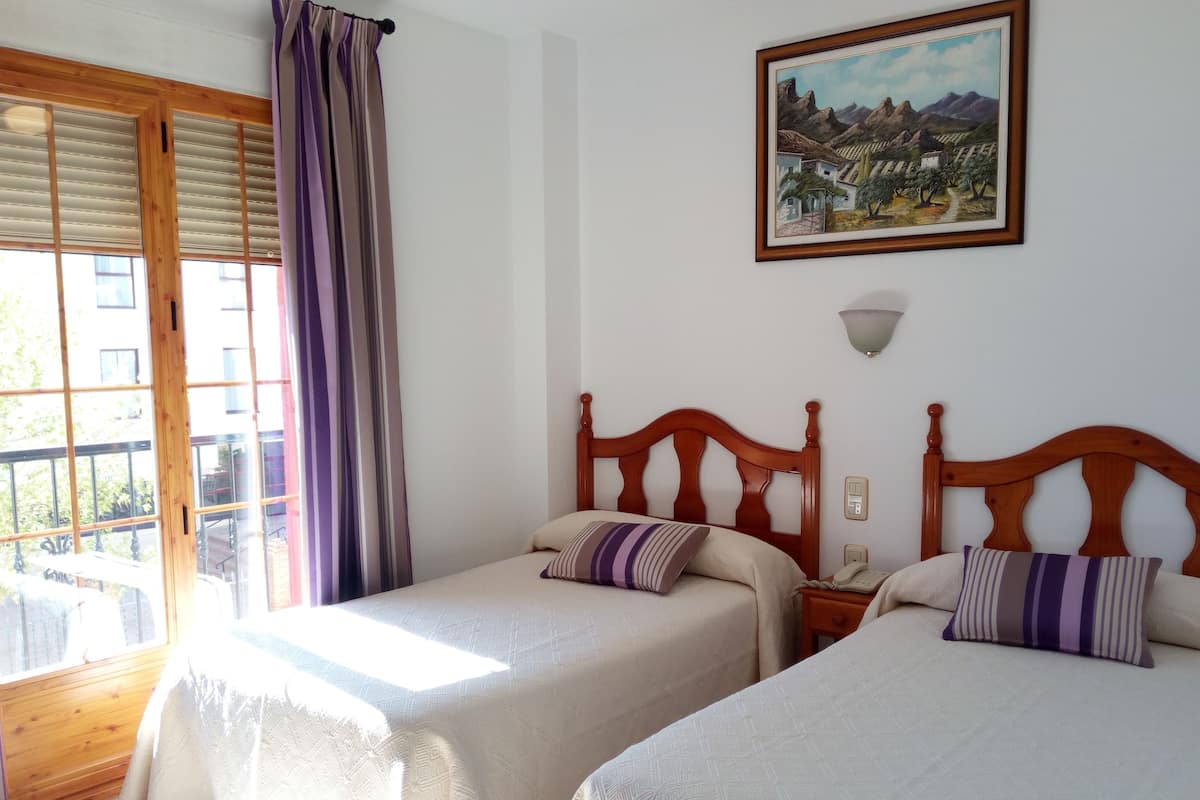 Una habitación con dos camas, una ventana con cortinas, un cuadro en la pared y un balcón con barandilla.