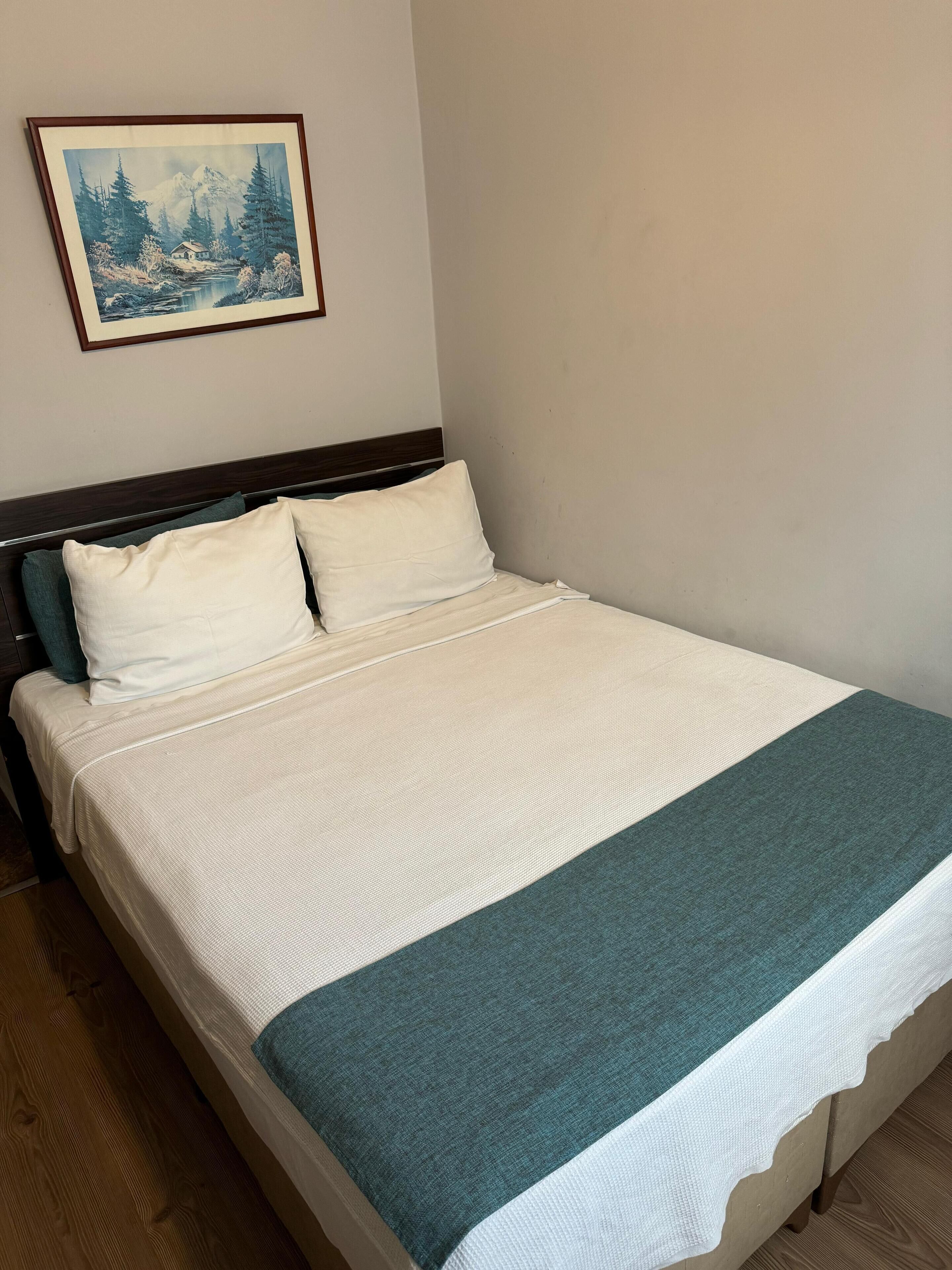 Una cama impecable con ropa de cama blanca y verde azulada, un cabecero de madera y un cuadro enmarcado de un paisaje nevado en la pared.