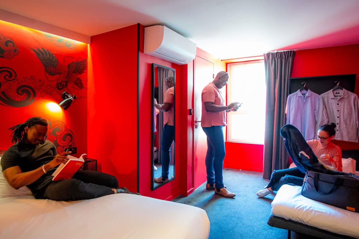 Premium bedding, desk, blackout curtains, soundproofing