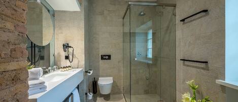 A modern bathroom with a glass shower, a white sink, and a large mirror.