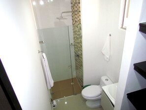 A small bathroom with a glass-enclosed shower, a toilet, and a sink.