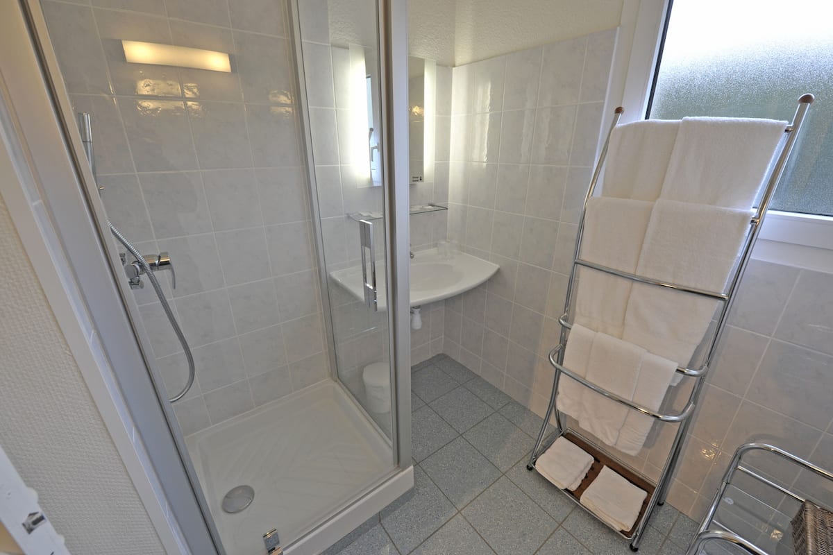 combined shower/bathtub, free toiletries, hair dryer, towels