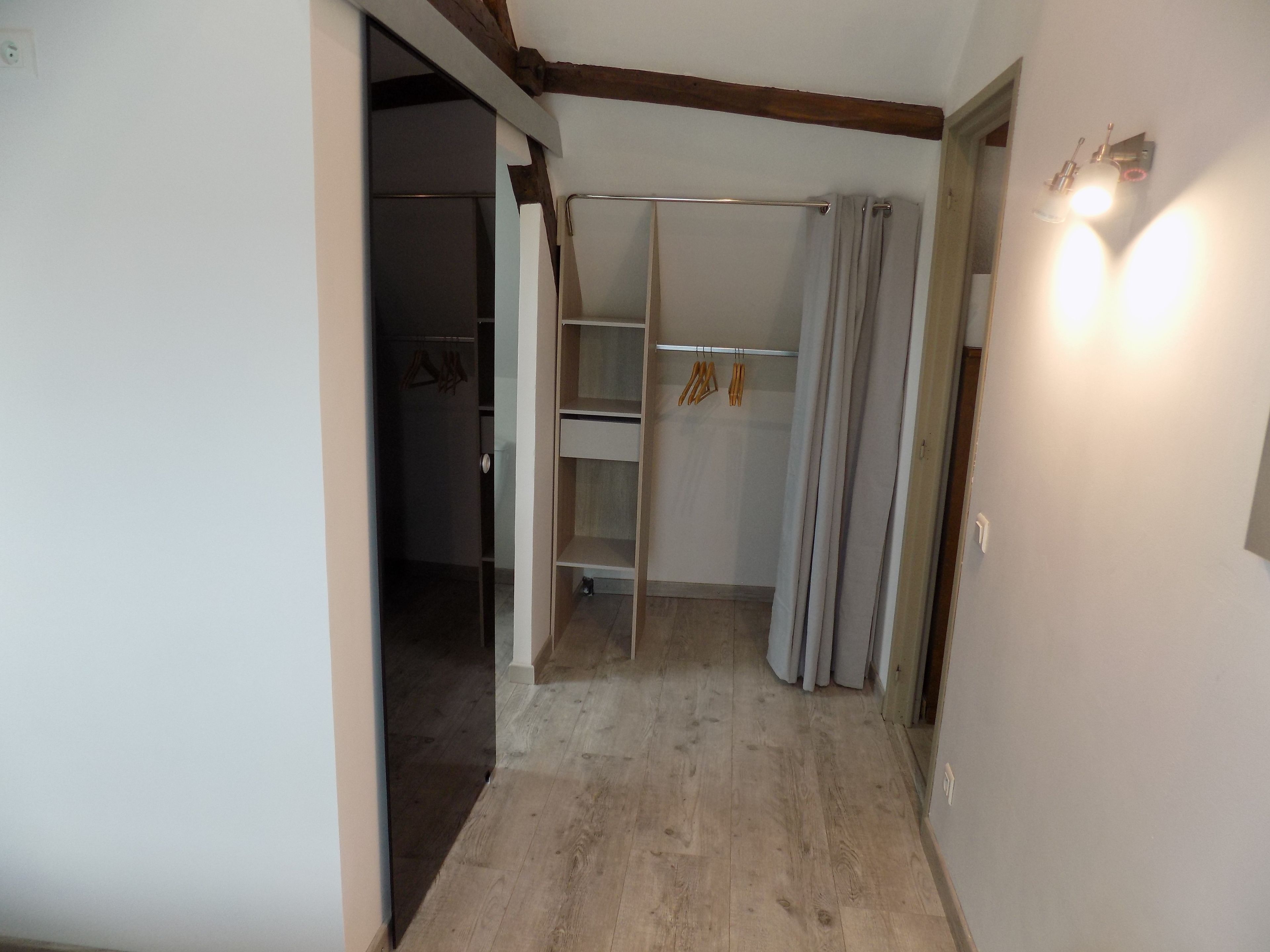 Un pasillo con piso de madera, un armario con barra metálica y una puerta con lámpara.
