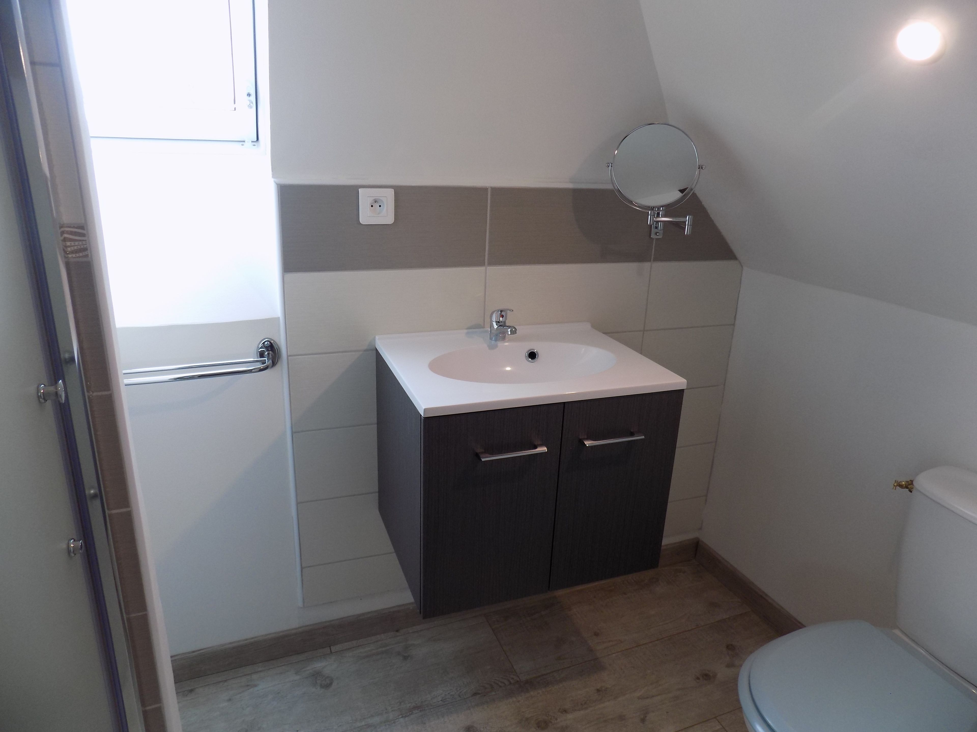 Une salle de bain avec un lavabo blanc, des meubles sombres, un miroir et des toilettes.