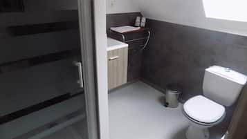 A small bathroom with a toilet, a sink, and a trash bin.