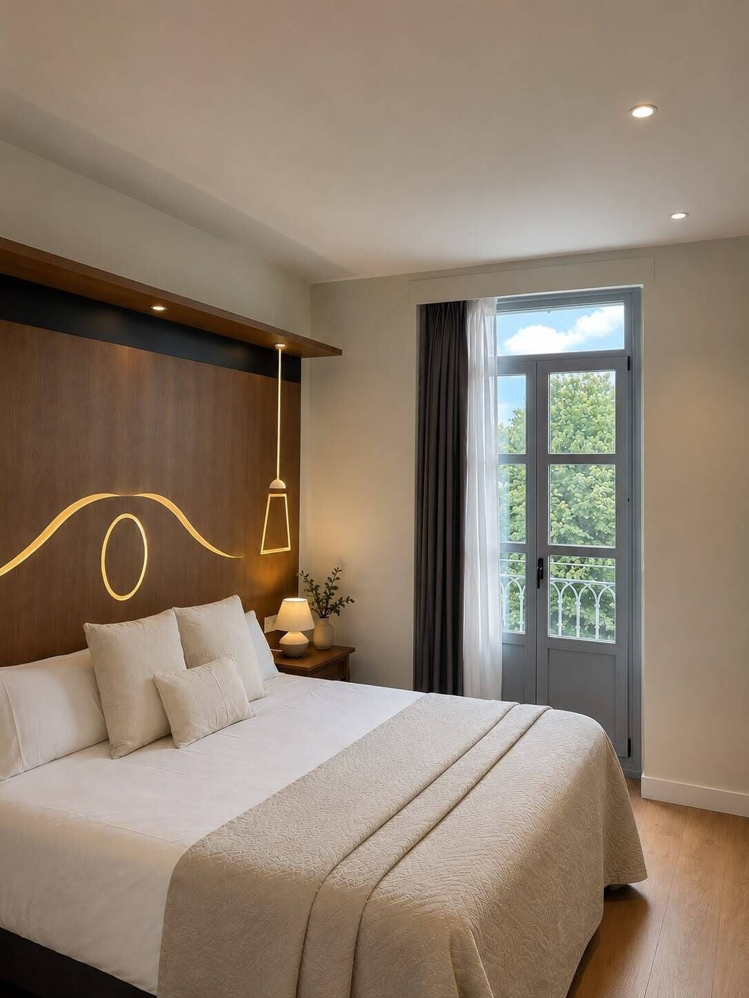 Une chambre d’hôtel avec un grand lit, une table de chevet avec une lampe, une fenêtre avec des rideaux et une vue sur la verdure.